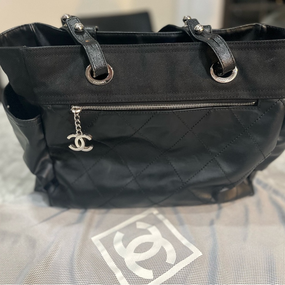 CHANEL Black Quilted Tote with Silver Accents